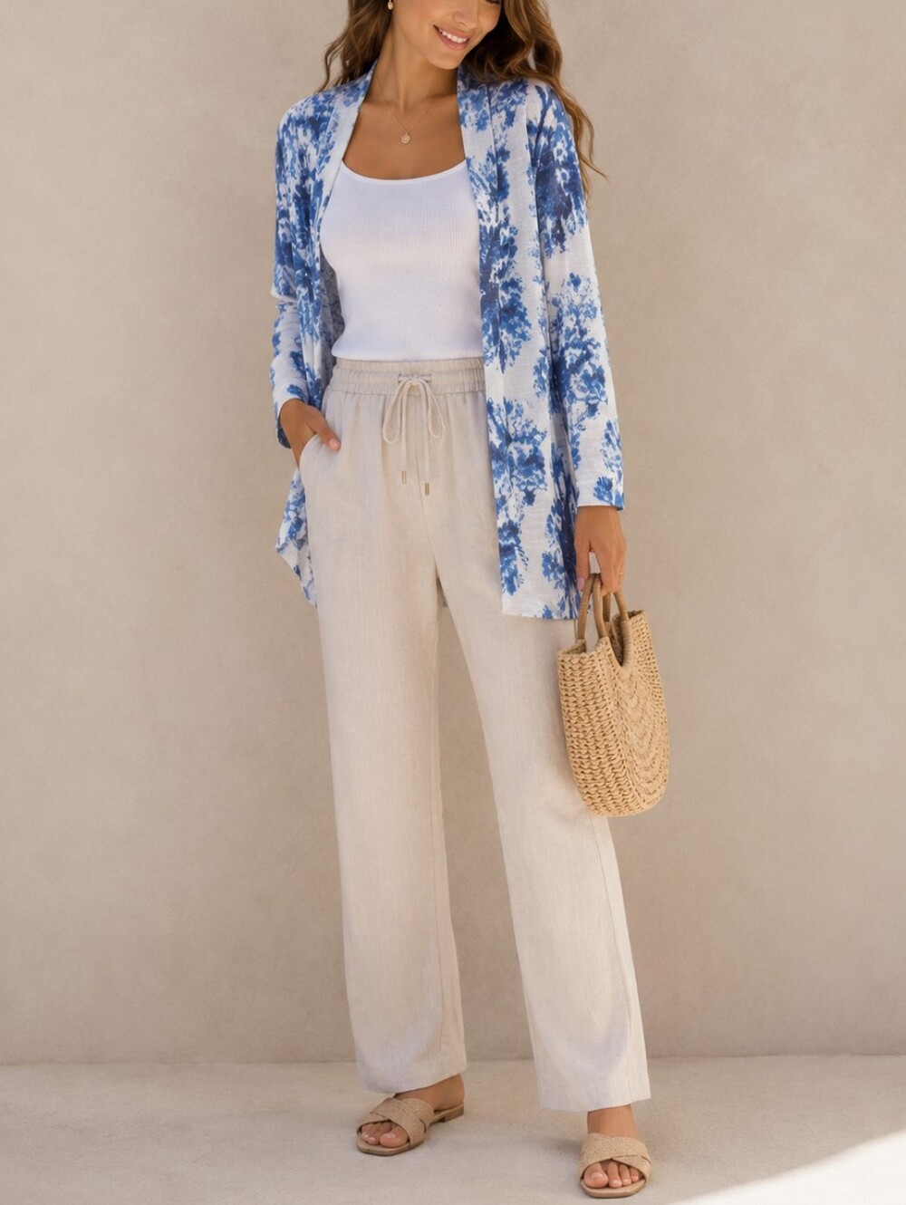 BELLDINI Coastal Toile Linen Blend Open Front Cardigan, Quiet Luxury Summer XL